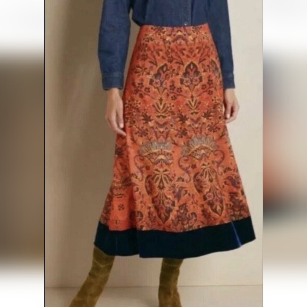 Soft Surroundings Women’s Skirt Orange Midi Boho Baroque Velvet Hem Sz S A Line